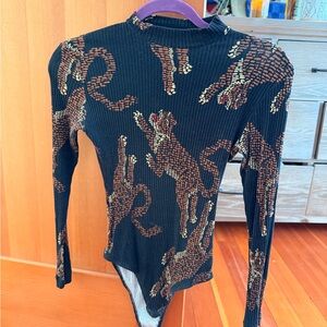 Farm Rio Black Bodysuit with Leopard Print